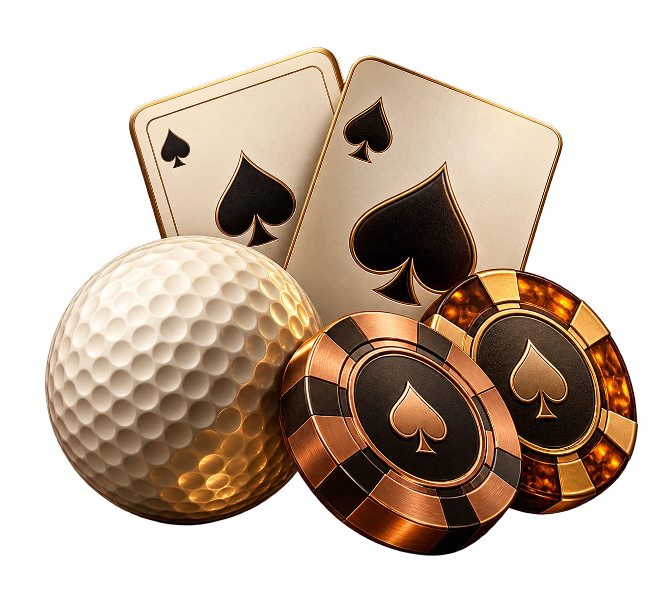 Poker chips, playing cards and a golf ball